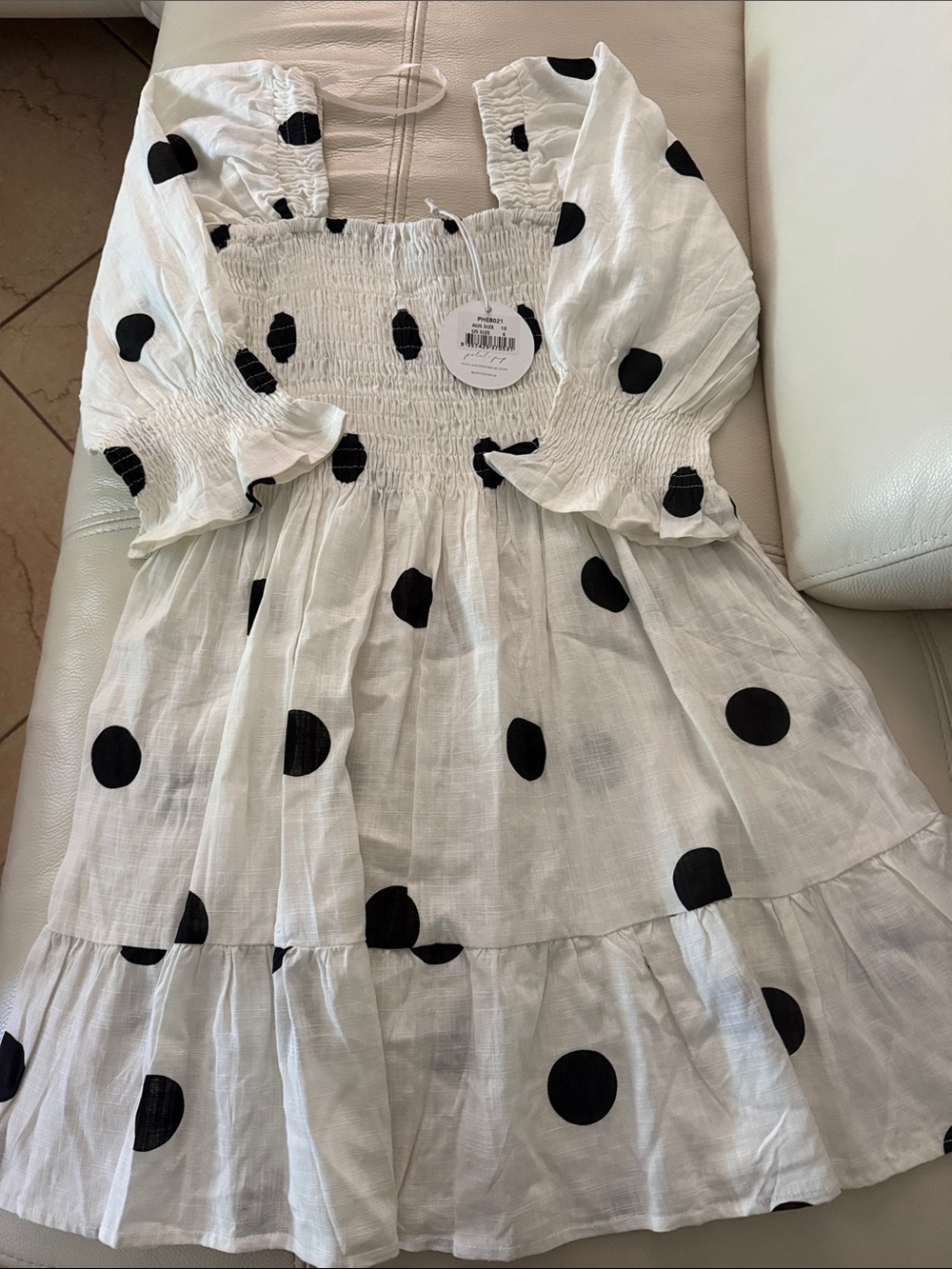 Women  White Polka Dot Smocked Dress with Puff Sleeves